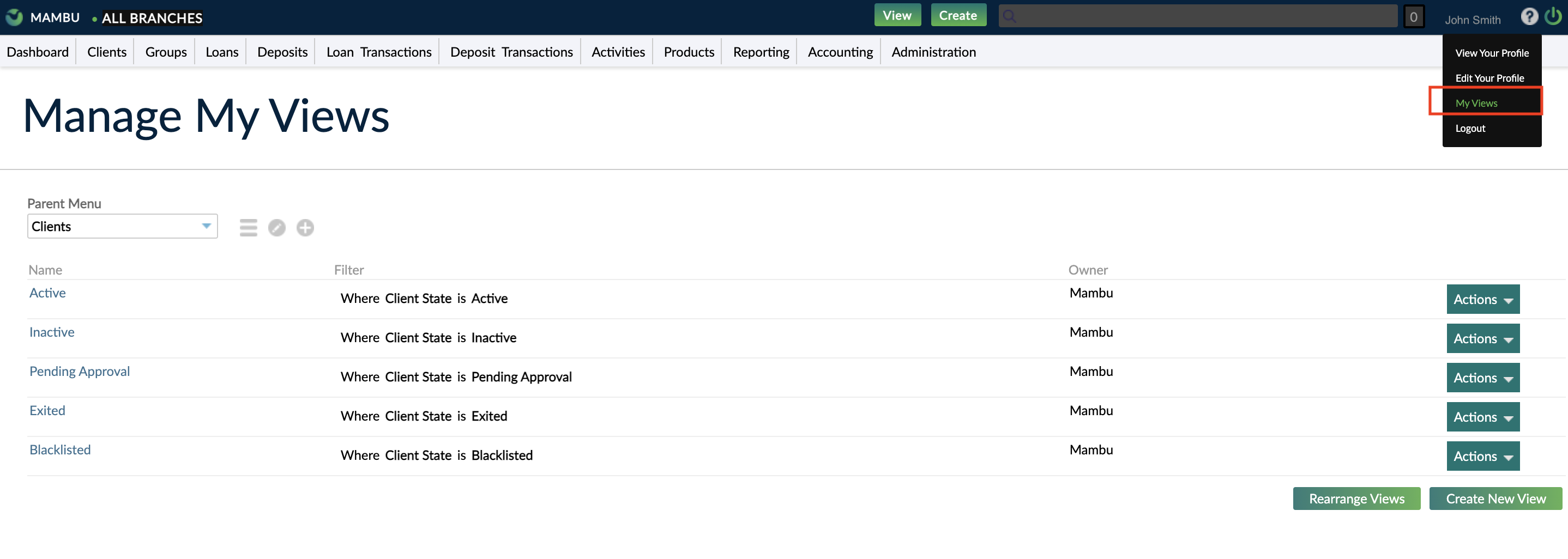 Visiting Manage My Views through profile name